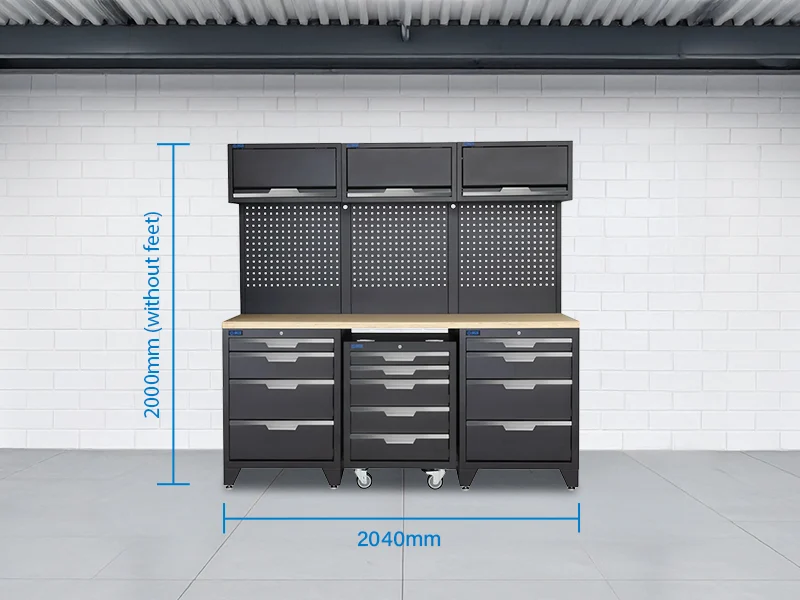 SGS 9pc Garage Storage System | 12 Drawers | Triple Wood Worktop | Roller Cabinet | 3x Lift‑Up Wall Cabinets